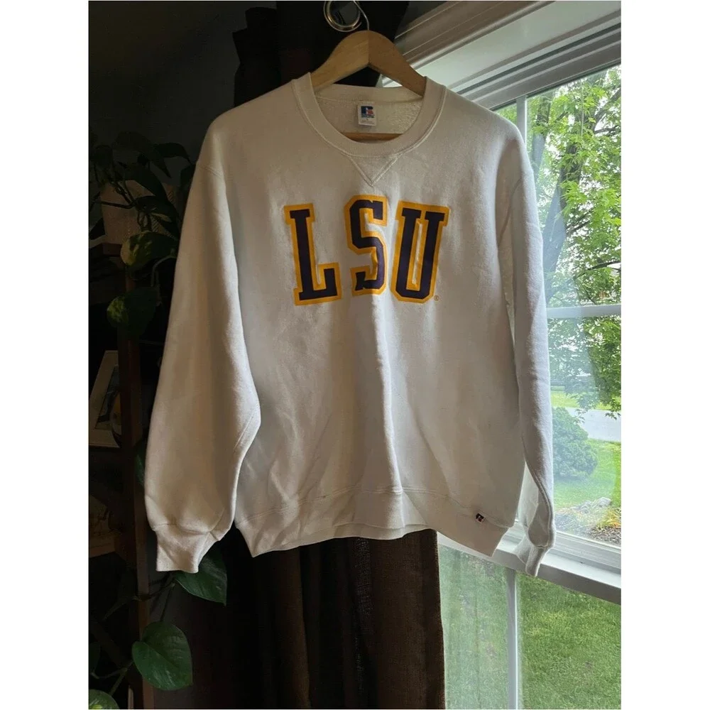 Vintage Russell Athletic White Crewneck with Purple and Gold LSU Logo